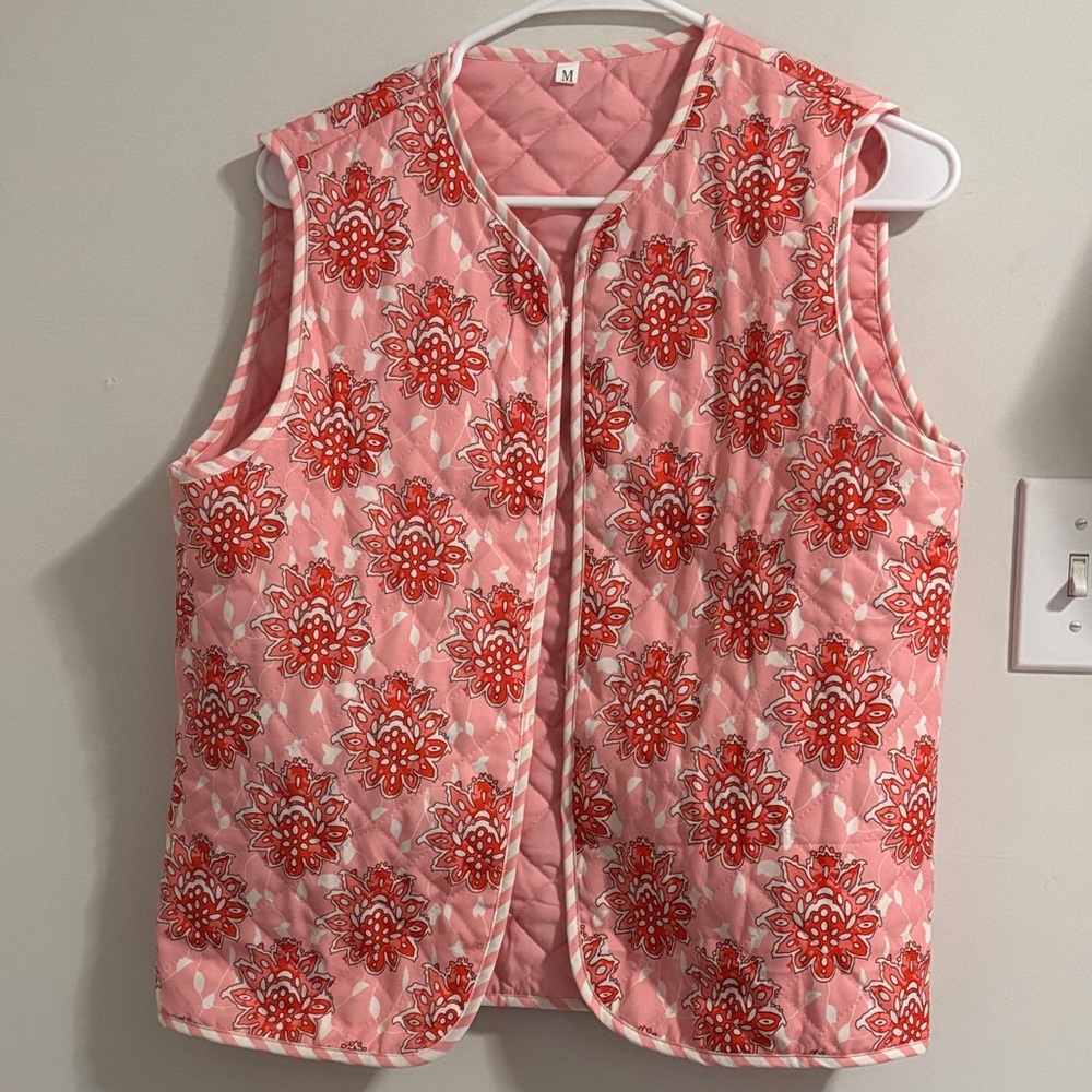 Quilted Sleeveless Vest in Pink with Red Floral Medallions